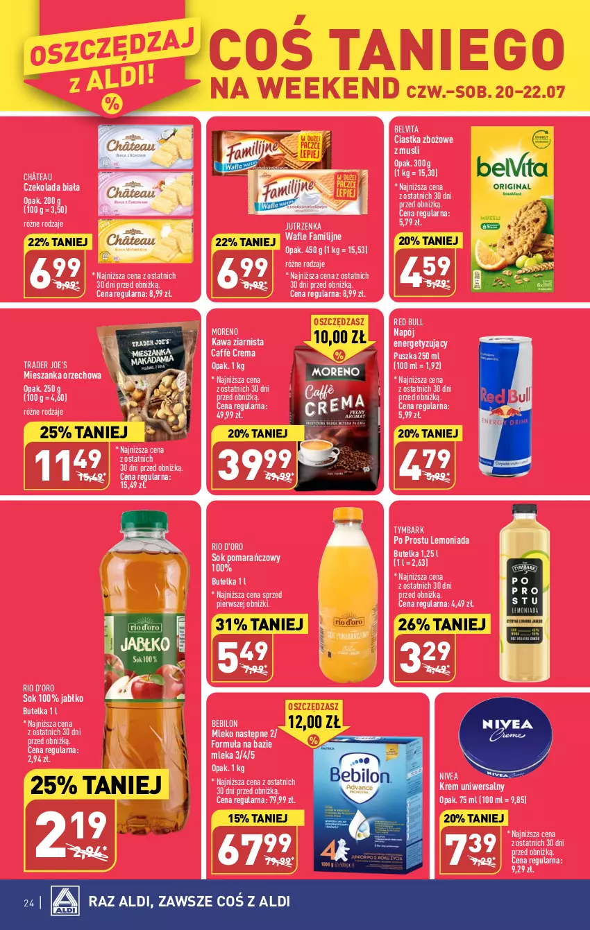 Gazetka promocyjna Aldi - Pełna oferta - ważna 17.07 do 22.07.2023 - strona 24 - produkty: BEBILON, BelVita, Ciastka, Czekolada, Fa, Jutrzenka, Kawa, Kawa ziarnista, Krem uniwersalny, Lemoniada, Mieszanka orzechowa, Mleko, Mus, Napój, Nivea, O nas, Red Bull, Sok, Sok pomarańczowy, Tymbark, Vita C, Wafle