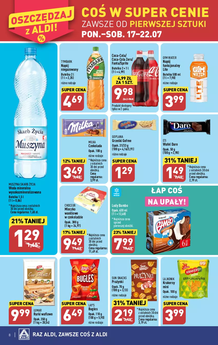 Gazetka promocyjna Aldi - Pełna oferta - ważna 17.07 do 22.07.2023 - strona 8 - produkty: Coca-Cola, Czekolada, Fa, Fanta, Goplana, Grześki, Krakersy, Lajkonik, LANA, Lody, Milka, Mleczko, Mus, Napój, Napój niegazowany, Rurki, Sok, Sprite, Szyna, Tymbark, Woda, Woda mineralna