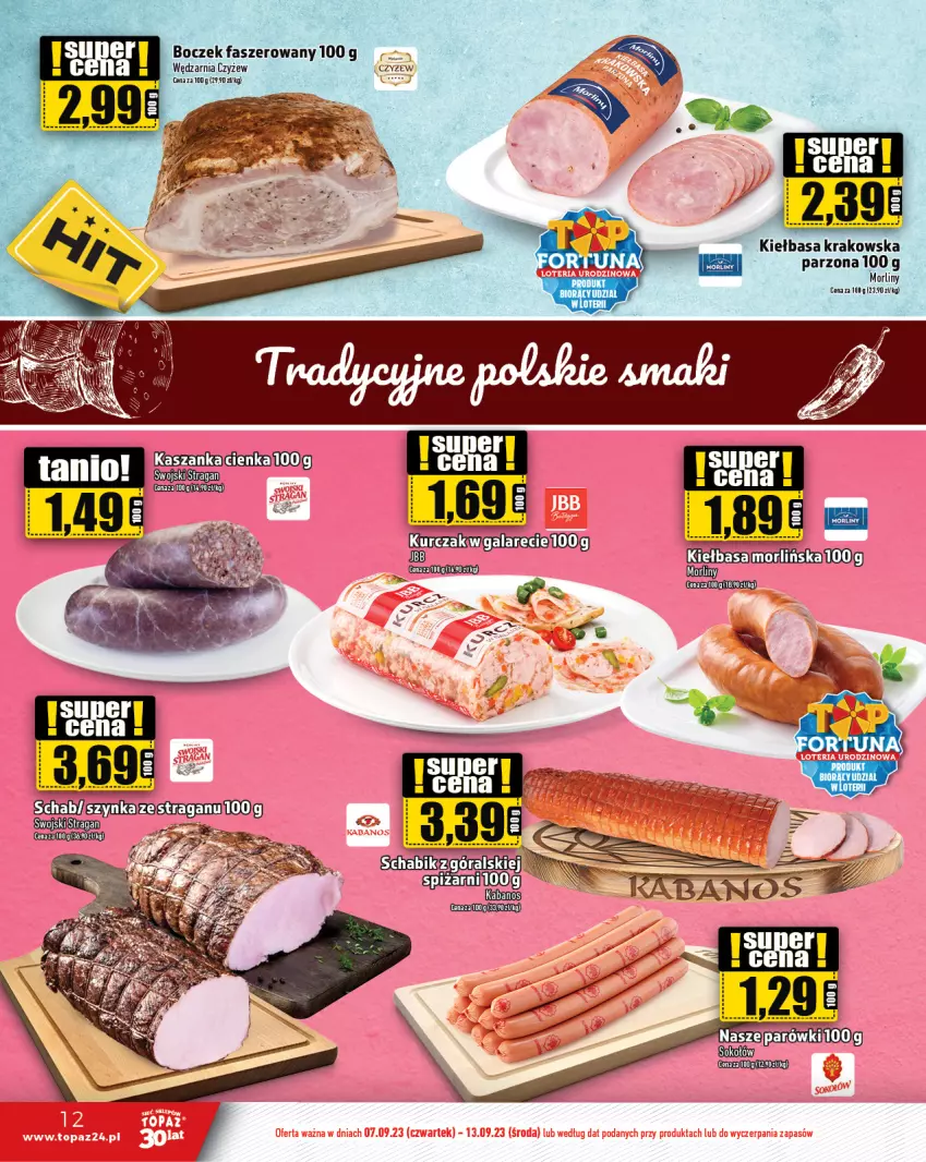 Gazetka promocyjna Topaz - Gazetka - ważna 07.09 do 13.09.2023 - strona 12 - produkty: Boczek, Fa, Kiełbasa, Kiełbasa krakowska, LG, Morliny