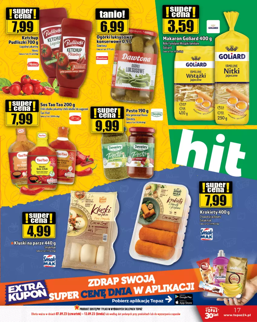 Gazetka promocyjna Topaz - Gazetka - ważna 07.09 do 13.09.2023 - strona 17 - produkty: Fa, Goliard, Heinz, Kapustą, Ketchup, Makaron, Pesto, Pudliszki, Ser, Sos, Top