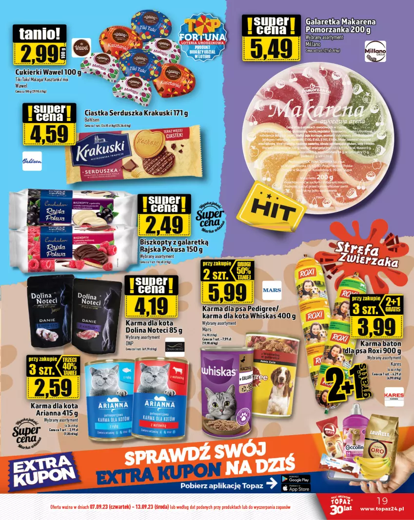 Gazetka promocyjna Topaz - Gazetka - ważna 07.09 do 13.09.2023 - strona 19 - produkty: Biszkopty, Ciastka, Cukier, Cukierki, Gala, Krakus, Krakuski, Pedigree, Ser, Top, Wawel, Whiskas