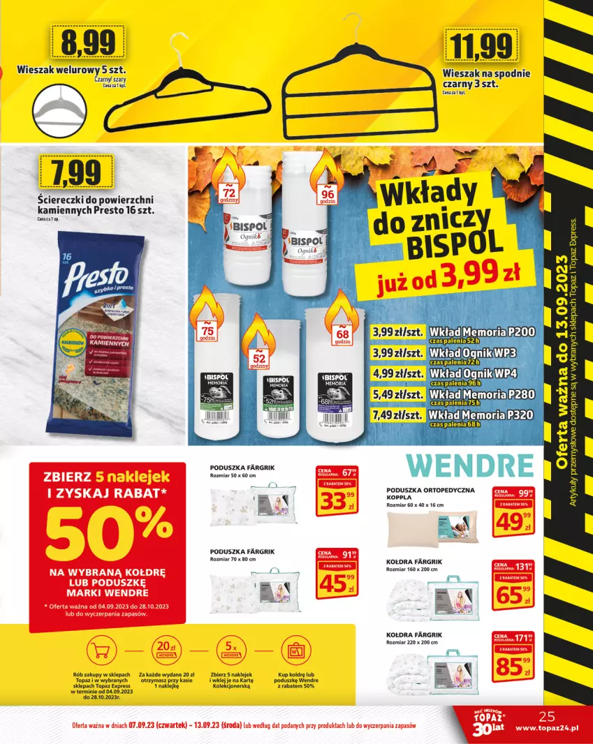 Gazetka promocyjna Topaz - Gazetka - ważna 07.09 do 13.09.2023 - strona 25 - produkty: Fa, Klej, Kołdra, Poduszka, Presto, Spodnie, Top, Wieszak