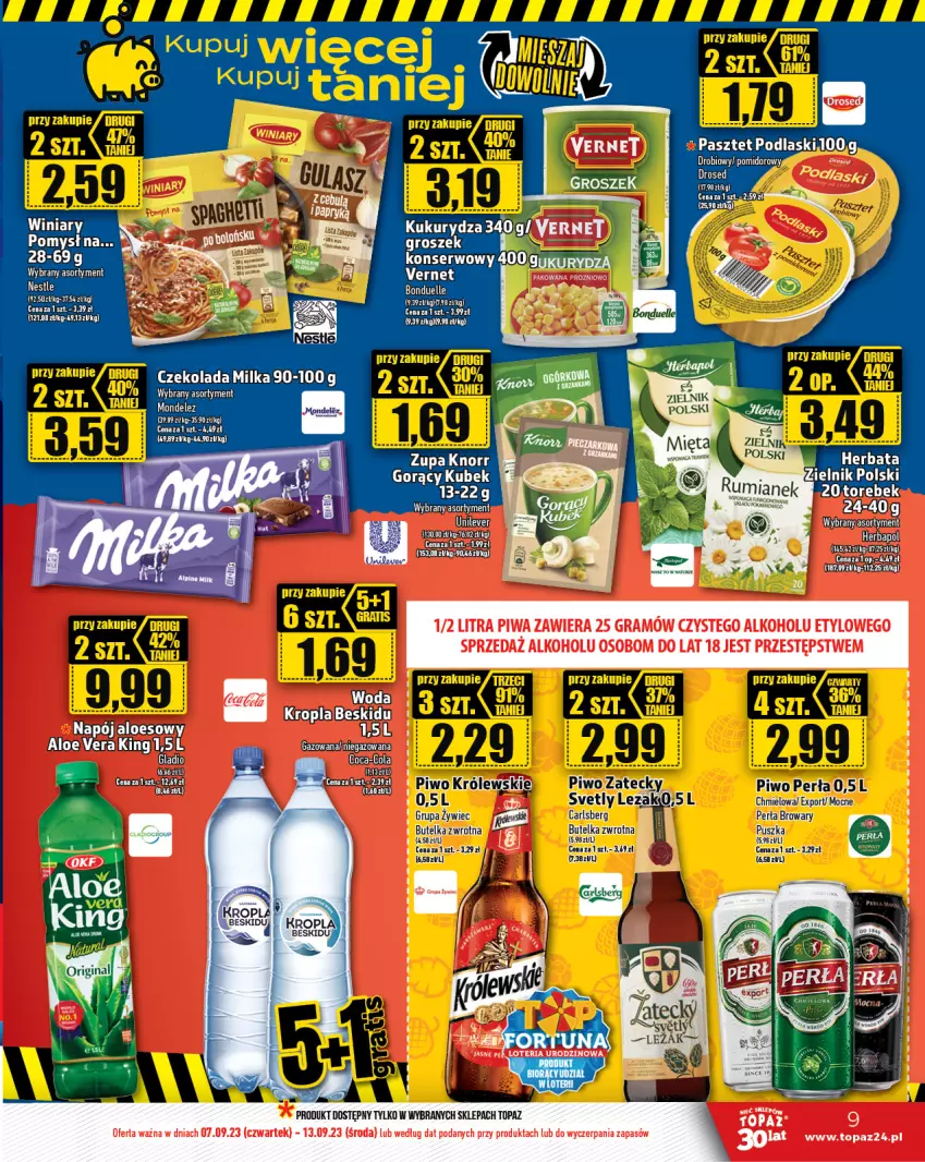 Gazetka promocyjna Topaz - Gazetka - ważna 07.09 do 13.09.2023 - strona 9 - produkty: BIC, Bonduelle, Carlsberg, Czekolada, Fa, Herbapol, Knorr, Królewski, Kubek, Kukurydza, LG, Milka, Perła, Piwo, Por, Ser, Top, Winiary, Zupa