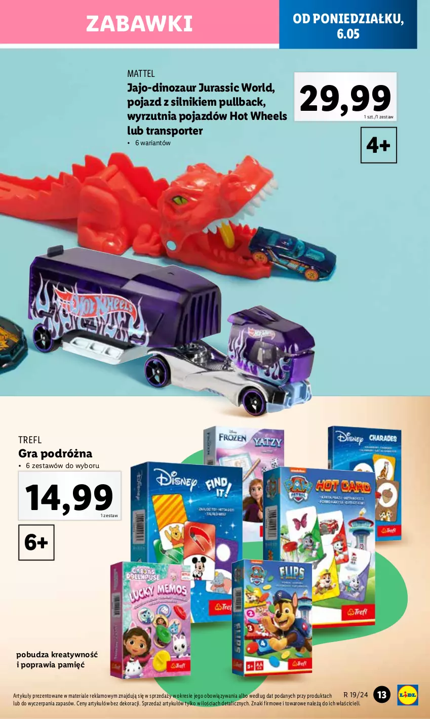 Gazetka promocyjna Lidl - GAZETKA - ważna 06.05 do 11.05.2024 - strona 15 - produkty: Dinozaur, Gra, Hot Wheels, Jurassic World, Mattel, Pojazd, Por, Sport, Tran, Wyrzutnia