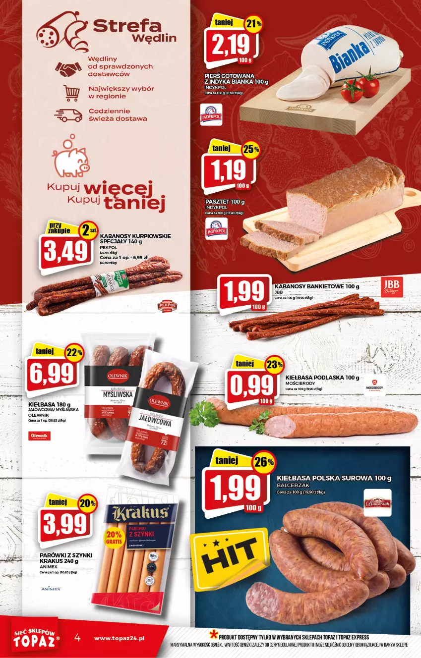 Gazetka promocyjna Topaz - Gazetka - ważna 07.10 do 13.10.2021 - strona 4 - produkty: Fa, Kabanos, Kiełbasa, Krakus, Miecz, Parówki, Parówki z szynki, Pekpol, Sok, Tera, Top