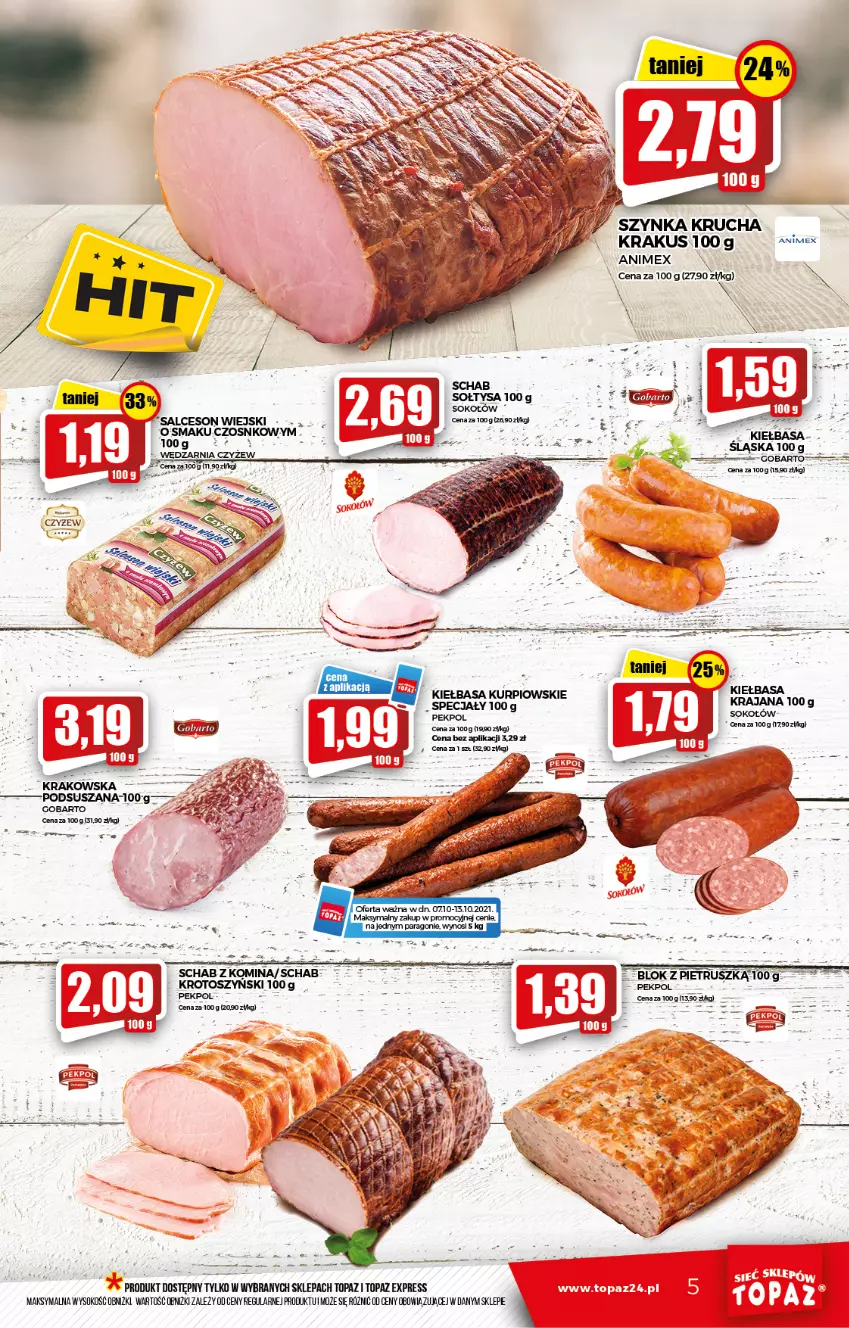 Gazetka promocyjna Topaz - Gazetka - ważna 07.10 do 13.10.2021 - strona 5 - produkty: Kiełbasa, Krakus, Pekpol, Sok, Sokołów, Szynka, Top, Zlew