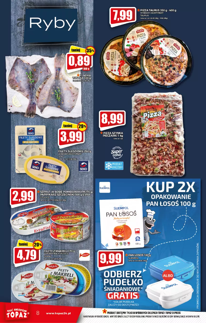 Gazetka promocyjna Topaz - Gazetka - ważna 07.10 do 13.10.2021 - strona 8 - produkty: Cenos, Piec, Pizza, Pudełko, Sok, Sos, Stek, Suempol, Szynka, Top