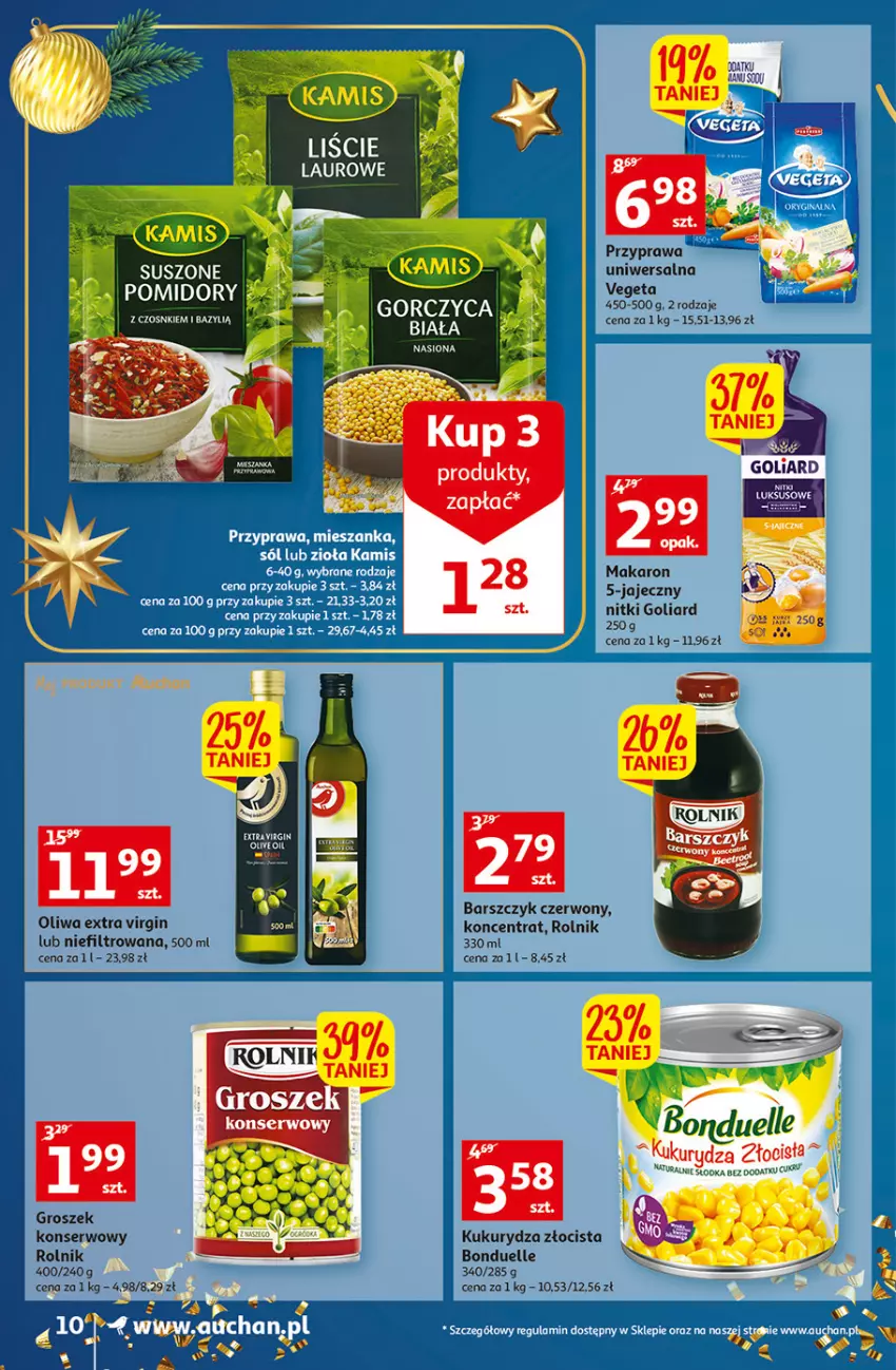 Gazetka promocyjna Auchan - Gazetka Magia Wigilijnego Stołu Auchan Supermarket - ważna 15.12 do 24.12.2022 - strona 10 - produkty: Bazyl, Bonduelle, Fa, Gin, Goliard, Groszek, Kukurydza, Laur, Makaron, Pomidory, Przyprawa uniwersalna, Rolnik, Ser, Vegeta