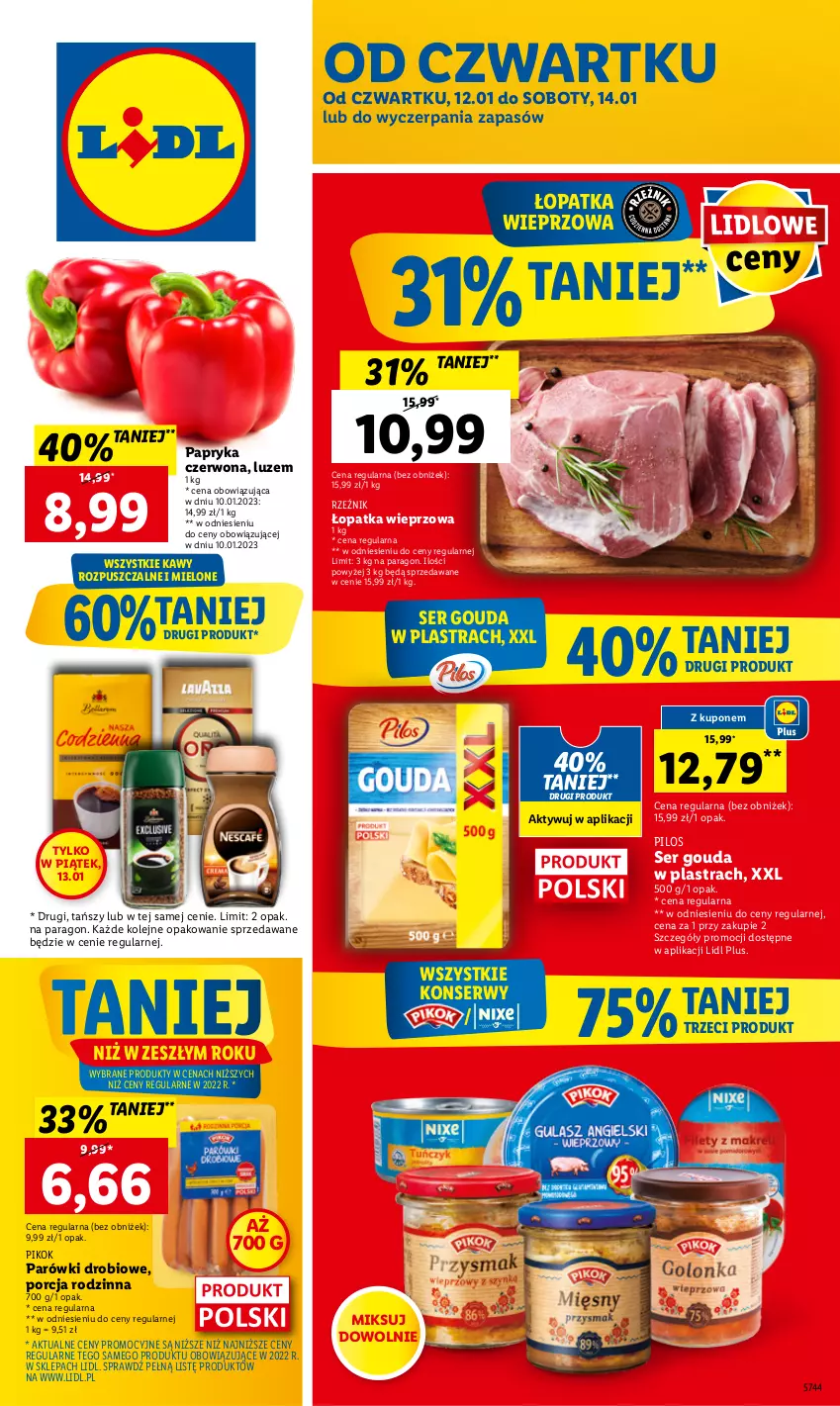 Gazetka promocyjna Lidl - GAZETKA - ważna 12.01 do 14.01.2023 - strona 1 - produkty: Gouda, Olej, Papryka, Papryka czerwona, Parówki, PIKOK, Pilos, Por, Ser