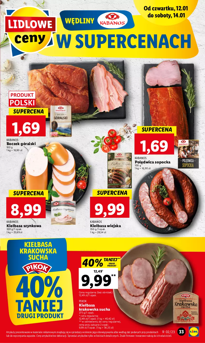 Gazetka promocyjna Lidl - GAZETKA - ważna 12.01 do 14.01.2023 - strona 35 - produkty: Boczek, Kabanos, Kiełbasa, Kiełbasa krakowska, Kiełbasa szynkowa, Kiełbasa wiejska, PIKOK, Polędwica