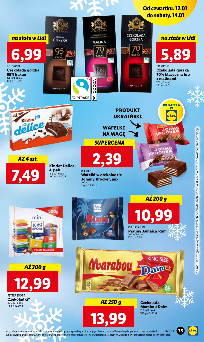 Gazetka promocyjna Lidl - GAZETKA - ważna 12.01 do 14.01.2023 - strona 37 - produkty: Czekolada, Czekolada gorzka, Kakao, Kinder, Por, Praliny, Ritter Sport, Rum, Sport