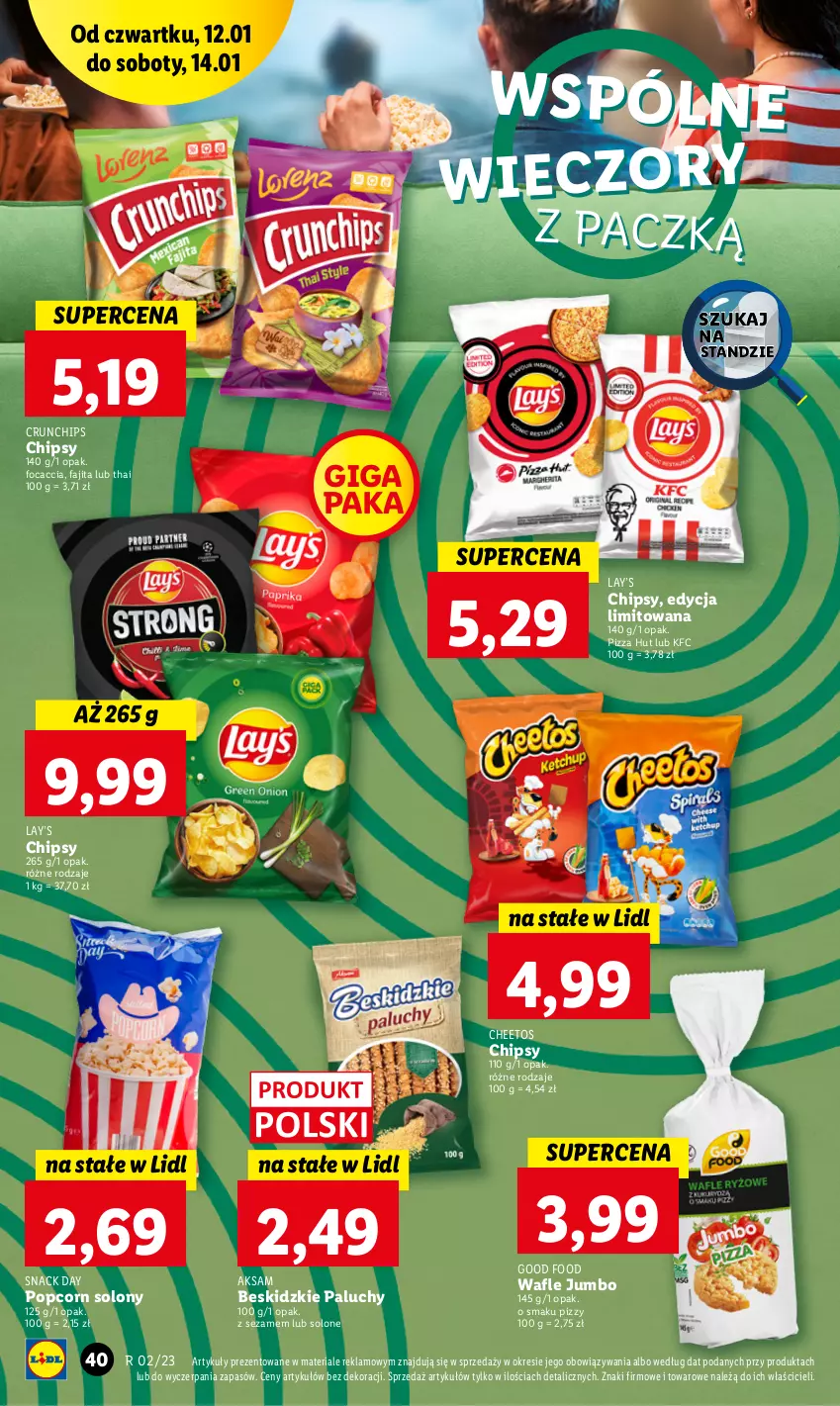 Gazetka promocyjna Lidl - GAZETKA - ważna 12.01 do 14.01.2023 - strona 42 - produkty: Aksam, Beskidzki, Cheetos, Chipsy, Crunchips, Fa, Focaccia, Lay’s, Pizza, Popcorn, Sezam, Wafle