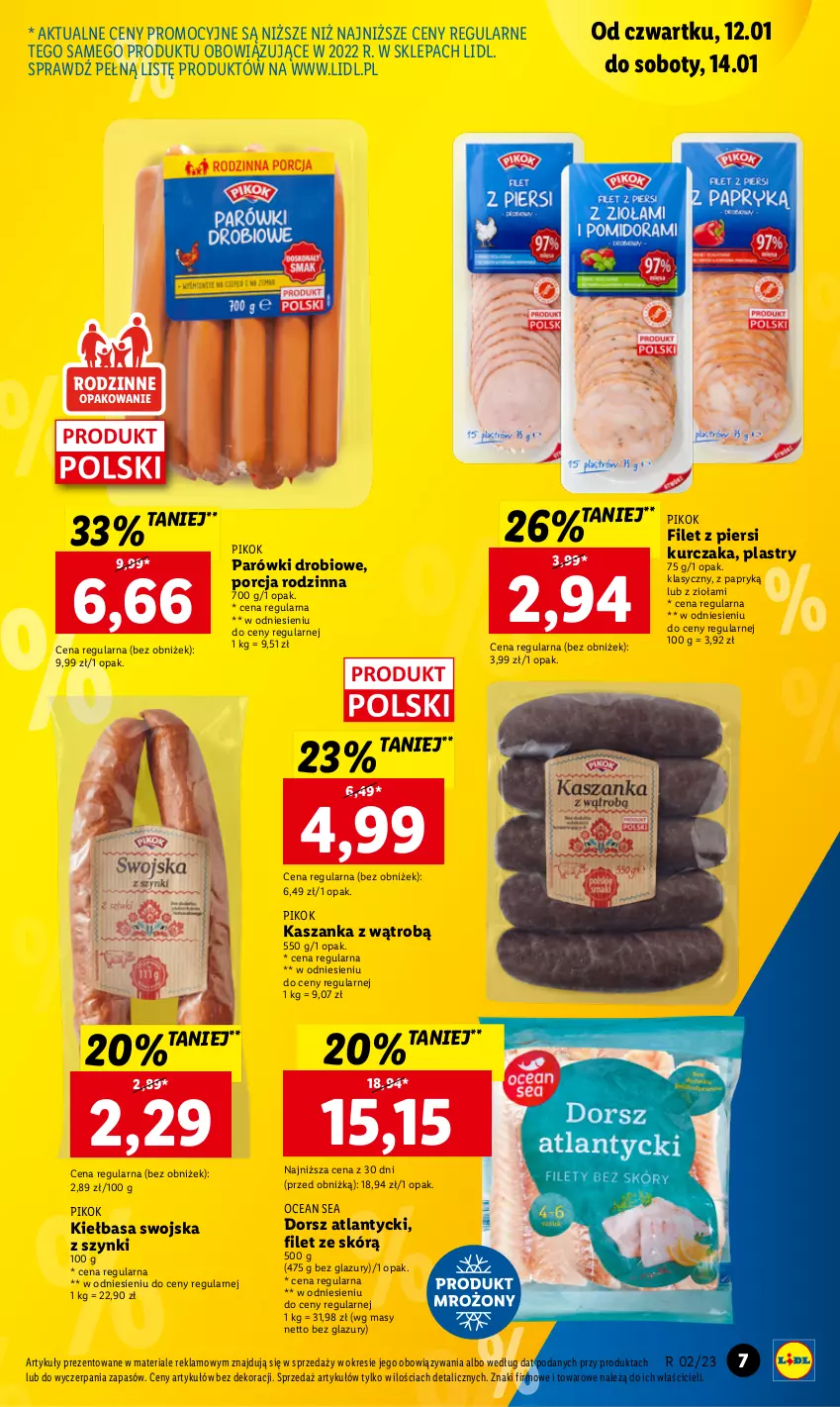 Gazetka promocyjna Lidl - GAZETKA - ważna 12.01 do 14.01.2023 - strona 7 - produkty: Dorsz, Filet z piersi kurczaka, Kasza, Kaszanka, Kiełbasa, Kurczak, Lazur, Parówki, PIKOK, Por