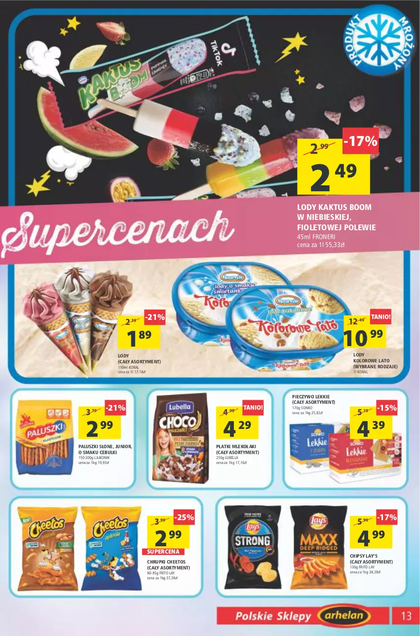 Gazetka promocyjna Arhelan - Gazetka - ważna 20.05 do 29.05.2022 - strona 13 - produkty: Bell, Bella, Cheetos, Chipsy, Chrupki, Kaktus, Lajkonik, Lay’s, Lody, Lubella, Mleko, Piec, Pieczywo, Sonko