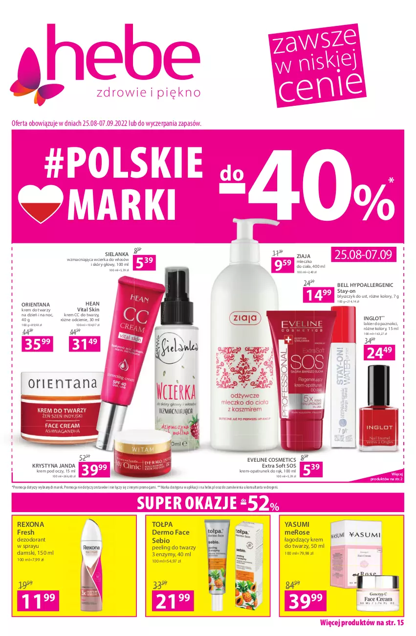 Gazetka promocyjna Hebe - Gazetka - ważna 25.08 do 07.09.2022 - strona 1 - produkty: Bell, Bell HypoAllergenic, Błyszczyk do ust, Dezodorant, Eveline, Fa, Krem do twarzy, Krem pod oczy, Lakier, Lakier do paznokci, Mleczko, Mleczko do ciała, Peeling, Rexona, Sos, Tołpa, Ziaja