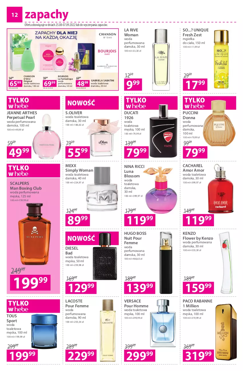 Gazetka promocyjna Hebe - Gazetka - ważna 25.08 do 07.09.2022 - strona 12 - produkty: Bourjois, Brie, Cacharel, Chanson d’eau, Diesel, Ducati, Fa, Fanta, Gabriela Sabatini, Gin, Hugo Boss, Kenzo, La Rive, Lacoste, Lion, Mexx, Paco Rabanne, Perfum, Por, S.Oliver, Sport, Versace, Woda, Woda perfumowana, Woda toaletowa