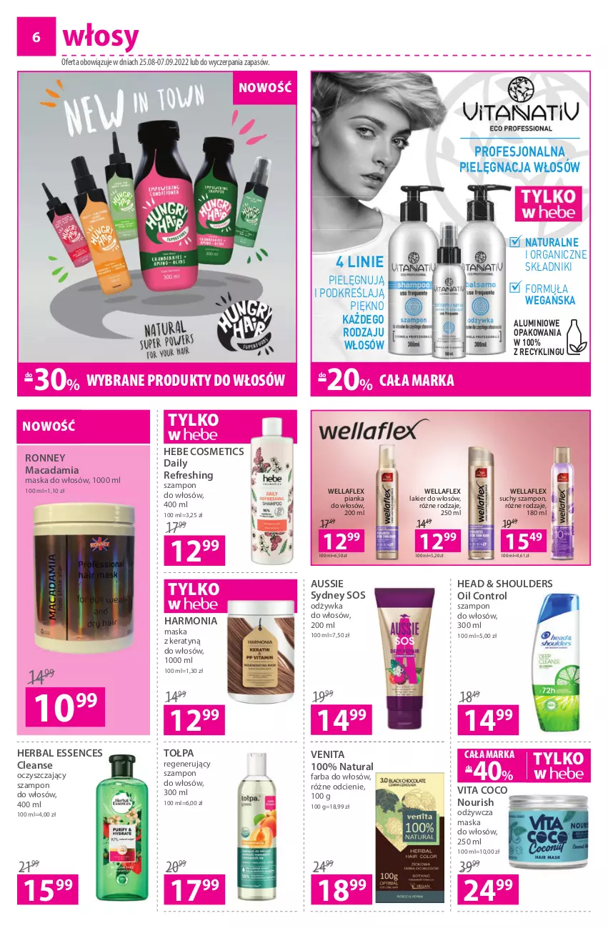 Gazetka promocyjna Hebe - Gazetka - ważna 25.08 do 07.09.2022 - strona 6 - produkty: Control, Fa, Farba do włosów, Hebe Cosmetics, Lakier, Lakier do włosów, Maska, Maska do włosów, Odżywka, Pianka do włosów, Sos, Suchy szampon, Szampon, Tołpa, Vita C, Wella, Wellaflex