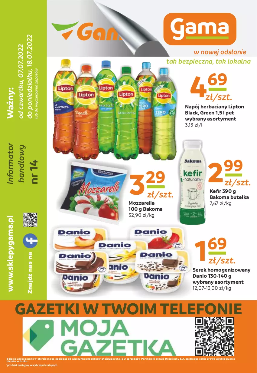 Gazetka promocyjna Gama - Gazetka Gama - ważna 18.07.2022 do 07.07.2023 - strona 12 - produkty: Bakoma, Danio, Lack, Lipton, Mozzarella, Napój, Piec, Ser, Serek, Serek homogenizowany, Telefon