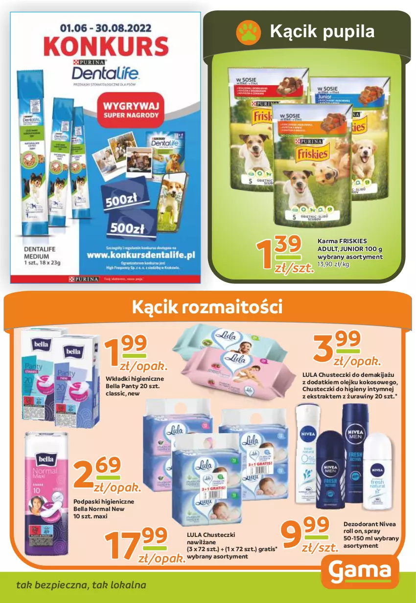 Gazetka promocyjna Gama - Gazetka Gama - ważna 18.07.2022 do 07.07.2023 - strona 9 - produkty: Bell, Bella, Chusteczki, Chusteczki do higieny, Dezodorant, Friskies, Gra, Kokos, Makijaż, Nivea, Olej, Piec, Podpaski, Wkładki