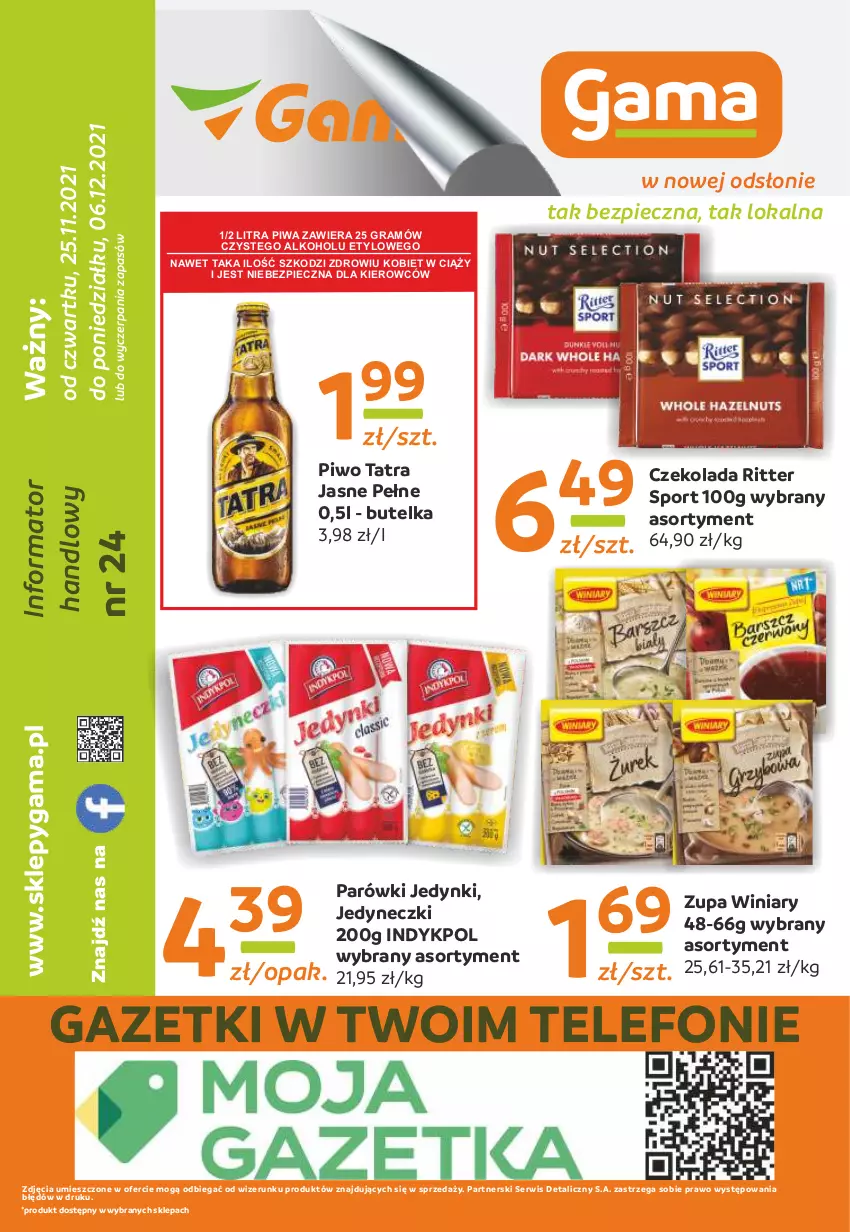 Gazetka promocyjna Gama - Gazetka Gama - ważna 25.11 do 06.12.2021 - strona 12 - produkty: Czekolada, Gra, Parówki, Piec, Piwa, Piwo, Por, Ritter Sport, Ser, Sport, Tatra, Telefon, Winiary, Zupa