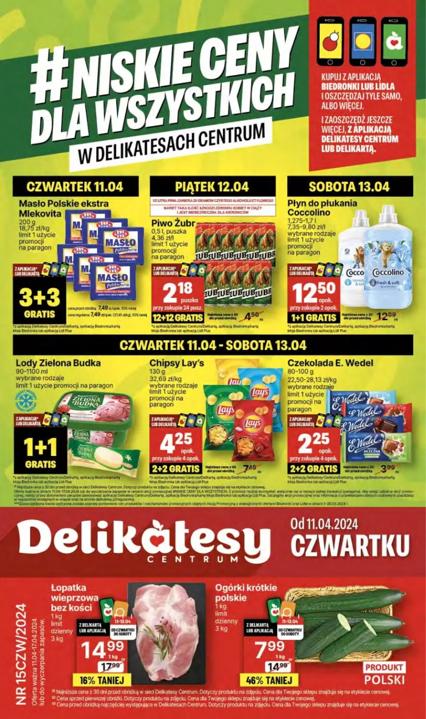 Gazetka promocyjna Delikatesy Centrum - NOWA GAZETKA Delikatesy Centrum od 11 kwietnia! 11-17.04.2024 - ważna 11.04 do 17.04.2024 - strona 1 - produkty: Chipsy, Coccolino, Czekolada, Dron, E. Wedel, Gra, Koc, LG, Lody, Masło, Mleko, Mlekovita, Orka, Piec, Piwo, Płyn do płukania, Por, Rum, Zielona Budka