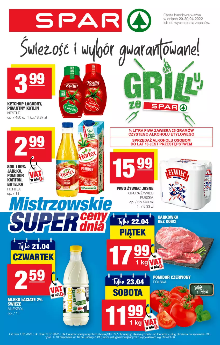 Gazetka promocyjna Spar - Spar - ważna 19.04 do 29.04.2022 - strona 1 - produkty: Ketchup, Kotlin, Mleko, Piwo, Sok