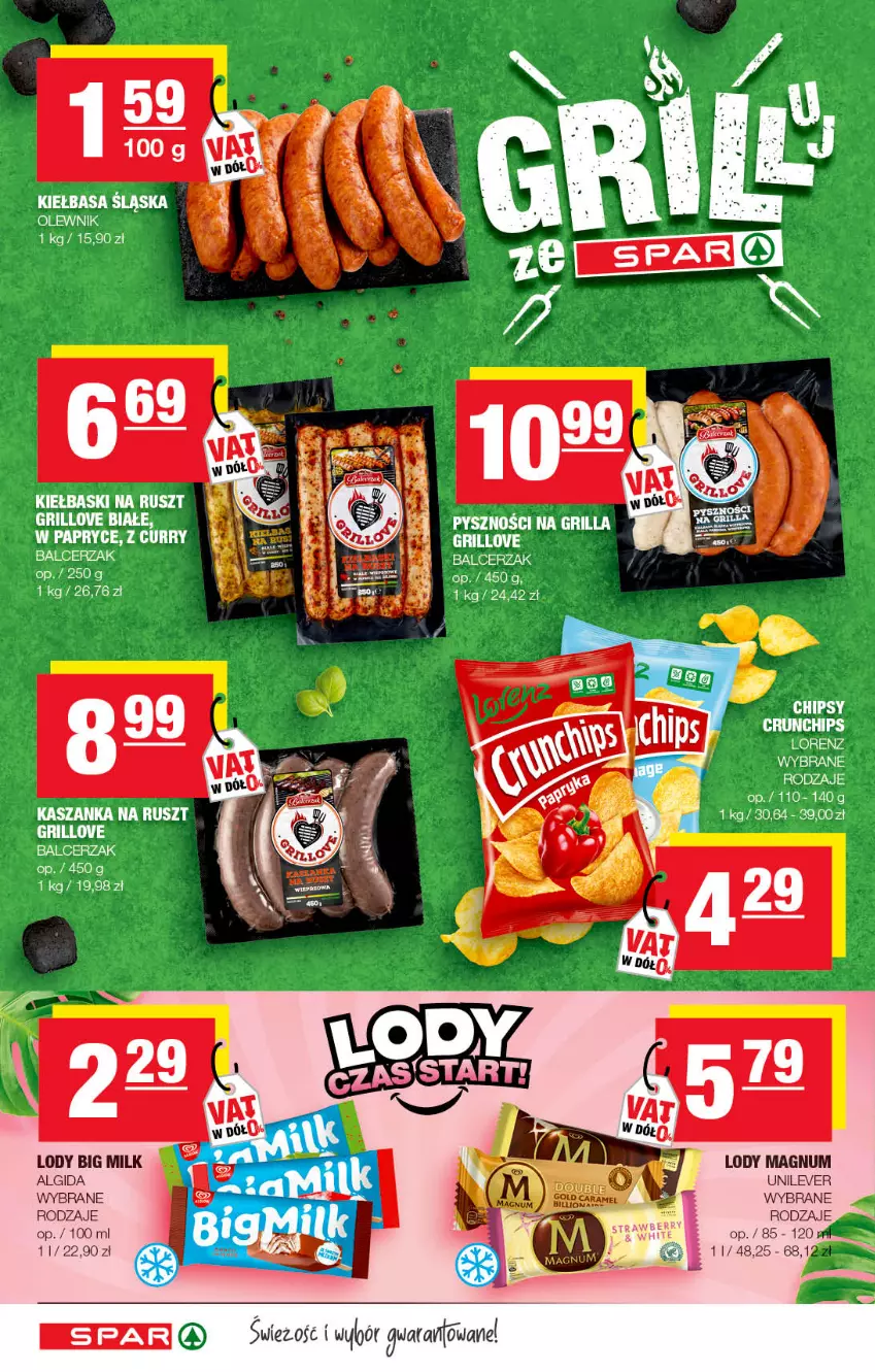 Gazetka promocyjna Spar - Spar - ważna 19.04 do 29.04.2022 - strona 2 - produkty: Algida, Chipsy, Grill, Kiełbasa, Kiełbasa śląska, LG, Lody, Lorenz, Olewnik