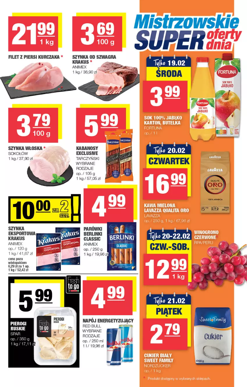 Gazetka promocyjna Spar - Spar-Mini - ważna 09.02 do 19.02.2025 - strona 3 - produkty: Berlinki, BIC, Cukier, Filet z piersi kurczaka, Gra, Kabanos, Krakus, Kurczak, Parówki, Pierogi, Por, Red Bull, Sok, Sokołów, Sport, Szynka, Tarczyński