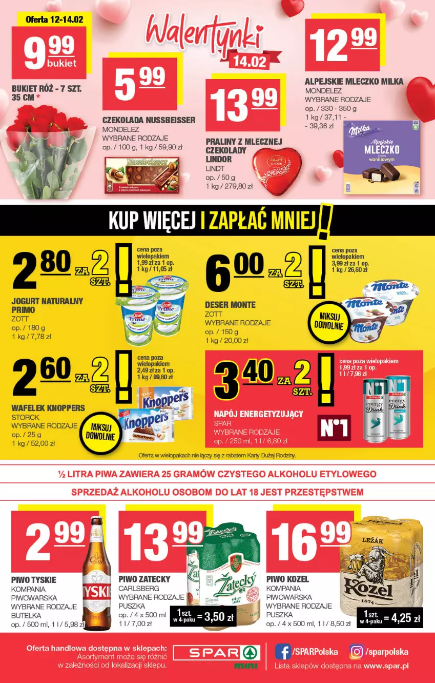 Gazetka promocyjna Spar - Spar-Mini - ważna 09.02 do 19.02.2025 - strona 4 - produkty: Bukiet, Carlsberg, Czekolada, Deser, Knoppers, Kozel, Lindor, Lindt, Milka, Mleczko, Monte, Piwo, Praliny, Ser, Tyskie, Wafelek, Zott