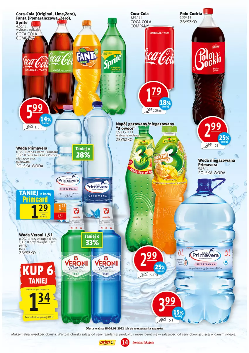 Gazetka promocyjna Prim Market - ważna 18.08 do 24.08.2022 - strona 14 - produkty: AEG, Coca-Cola, Fa, Fanta, Gin, Napój, Napój gazowany, Owoce, Prima, Primavera, Pur, Sok, Sprite, Woda, Woda niegazowana