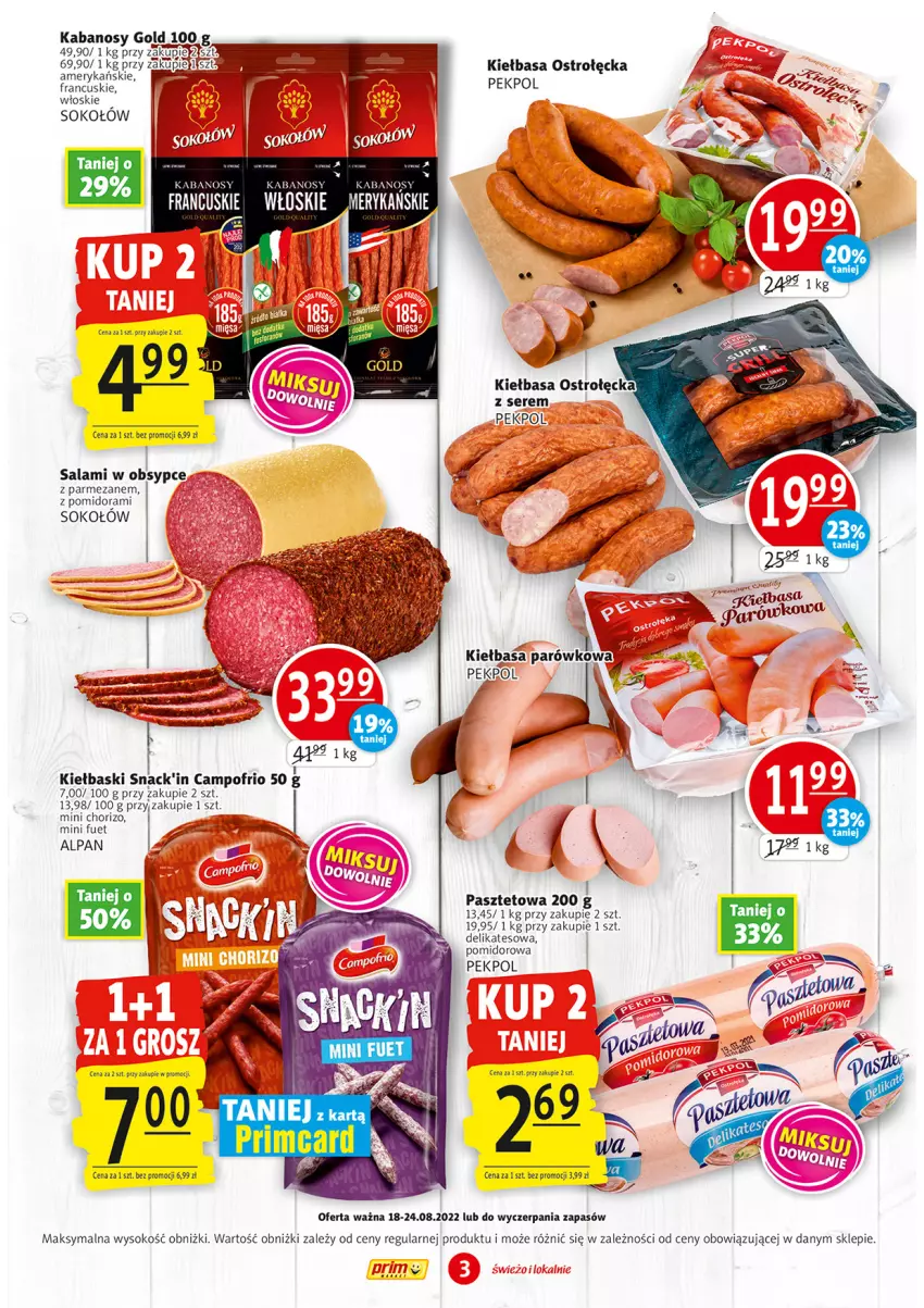 Gazetka promocyjna Prim Market - ważna 18.08 do 24.08.2022 - strona 3 - produkty: Kabanos, Kiełbasa, LG, Parmezan, Pasztet, Pekpol, Salami, Ser, Sok, Sokołów