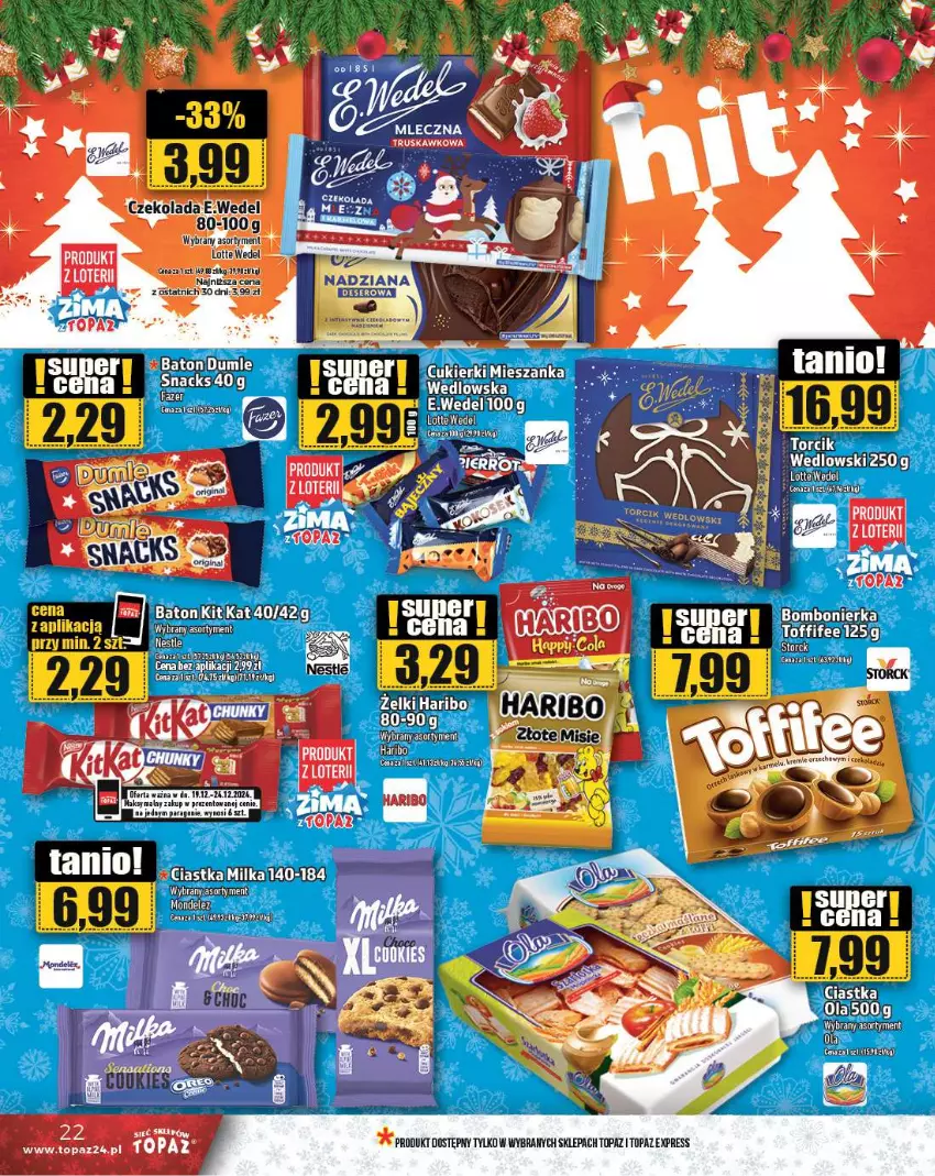 Gazetka promocyjna Topaz - Gazetka - ważna 19.12 do 25.12.2024 - strona 22 - produkty: Baton, Cukier, Cukierki, Czekolada, Deser, Haribo, Ser, Toffifee, Top