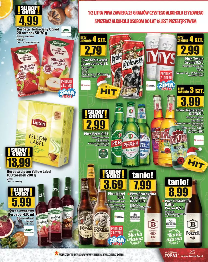 Gazetka promocyjna Topaz - Gazetka - ważna 19.12 do 25.12.2024 - strona 25 - produkty: Desperados, Fa, Gra, Herbata, Kozel, Lipton, Ogród, Piwa, Piwo, Syrop, Top