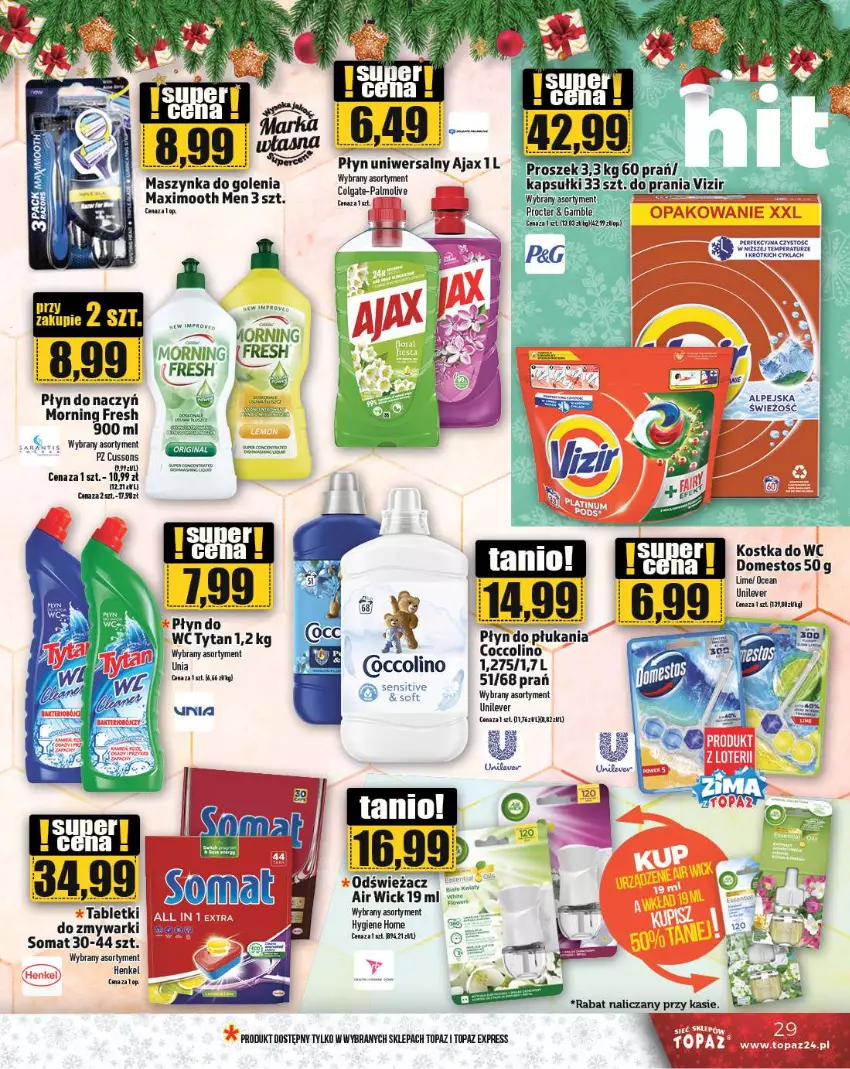 Gazetka promocyjna Topaz - Gazetka - ważna 19.12 do 25.12.2024 - strona 29 - produkty: Air Wick, Ajax, Coccolino, Domestos, Fa, Kostka do wc, LG, Maszynka, Płyn do płukania, Somat, Szynka, Tablet, Top, Tytan, Zmywarki