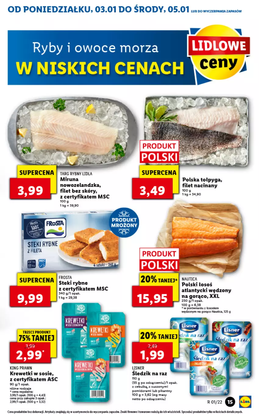 Gazetka promocyjna Lidl - GAZETKA - ważna 03.01 do 05.01.2022 - strona 15 - produkty: BIC, EPEE, Frosta, Krewetki, Lisner, Miruna, Por, Sos, Stek, Tołpyga