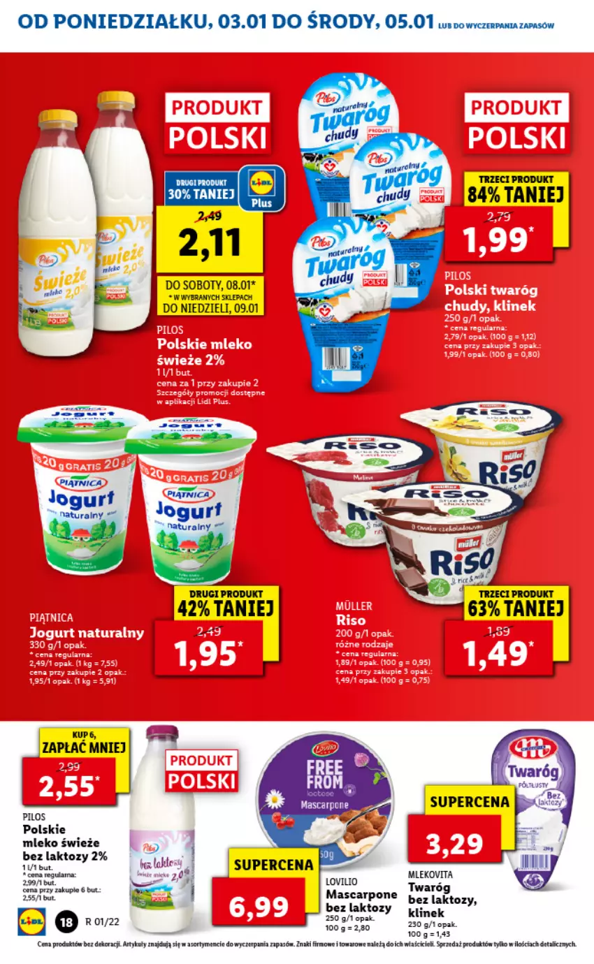 Gazetka promocyjna Lidl - GAZETKA - ważna 03.01 do 05.01.2022 - strona 18 - produkty: Jogurt, Mleko, Mlekovita, Piątnica, Pilos, Twaróg