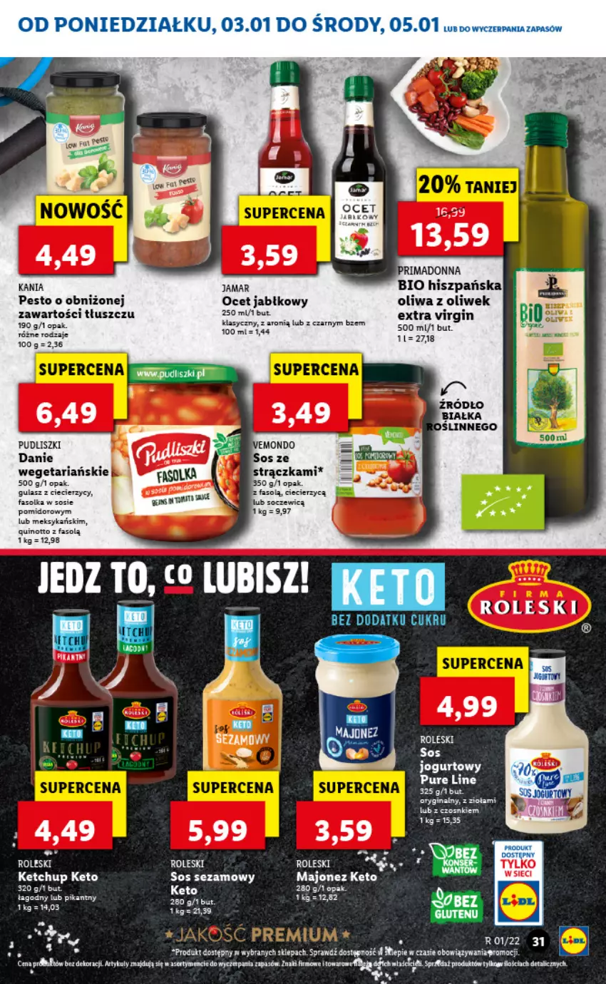 Gazetka promocyjna Lidl - GAZETKA - ważna 03.01 do 05.01.2022 - strona 31 - produkty: Fa, Gin, Jogurt, Ketchup, Majonez, Ocet, Oliwa z oliwek, Pesto, Pudliszki, Pur, Sezam, Sos