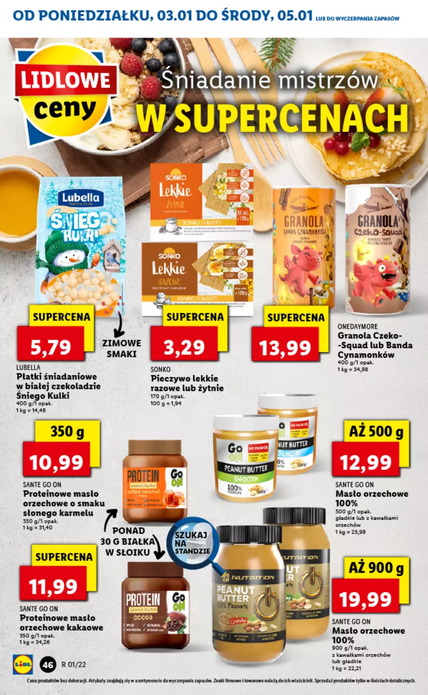 Gazetka promocyjna Lidl - GAZETKA - ważna 03.01 do 05.01.2022 - strona 46 - produkty: Bell, Bella, Danio, Gra, Granola, Kakao, Kawa, Lubella, Masło, Masło orzechowe, Piec, Pieczywo, Sante, Sonko, Squad