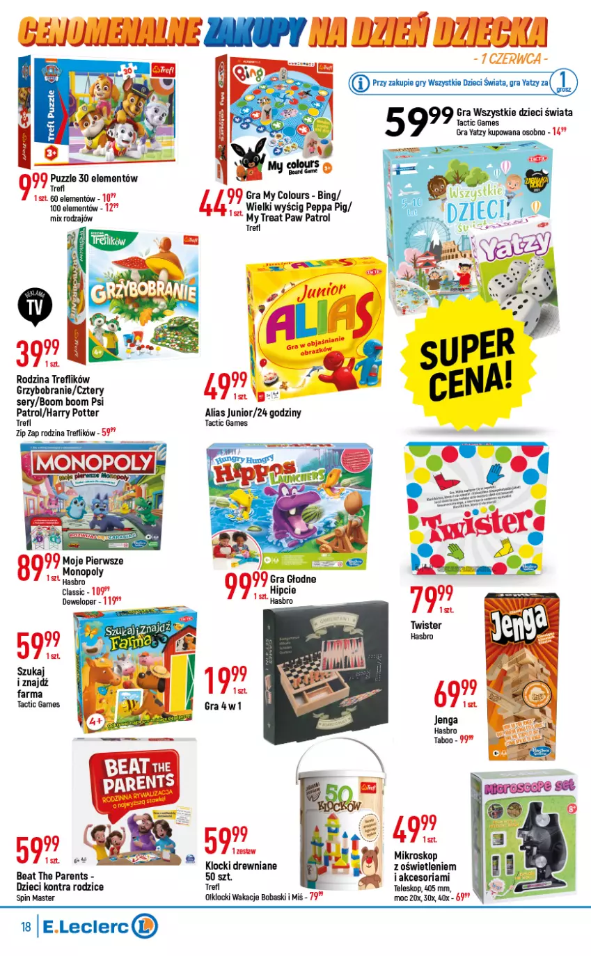 Gazetka promocyjna E Leclerc - ważna 17.05 do 28.05.2022 - strona 18 - produkty: Dzieci, Gra, Gry, Harry Potter, Hasbro, Klocki, Mikroskop, Monopoly, Psi Patrol, Puzzle, Ser, Teleskop