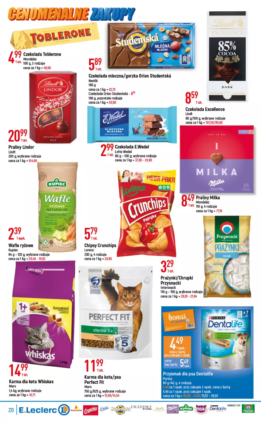 Gazetka promocyjna E Leclerc - ważna 17.05 do 28.05.2022 - strona 20 - produkty: Chipsy, Chrupki, Crunchips, Czekolada, Czekolada mleczna, LG, Lindor, Lindt, Lorenz, Mars, Milka, Praliny, Przysmak dla psa, Przysnacki, Toblerone, Whiskas