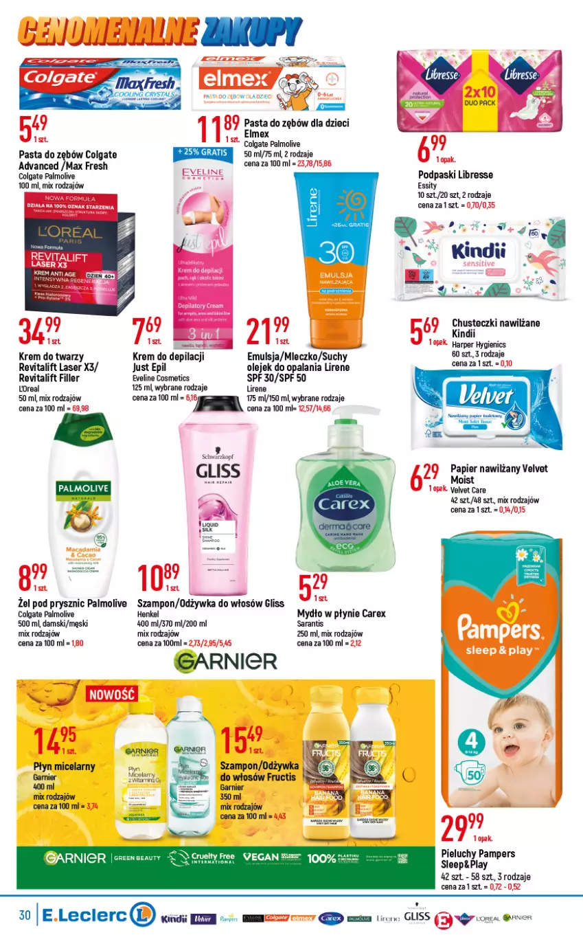 Gazetka promocyjna E Leclerc - ważna 17.05 do 28.05.2022 - strona 30 - produkty: Chusteczki, Colgate, Dzieci, Elmex, Emulsja, Fructis, Garnier, Kindii, Krem do depilacji, Krem do twarzy, LG, Lirene, Mleczko, Mydło, Mydło w płynie, Odżywka, Olej, Palmolive, Papier, Pasta do zębów, Płyn micelarny, Podpaski, Schwarzkopf, Ser, Skaner, Szampon, Velvet