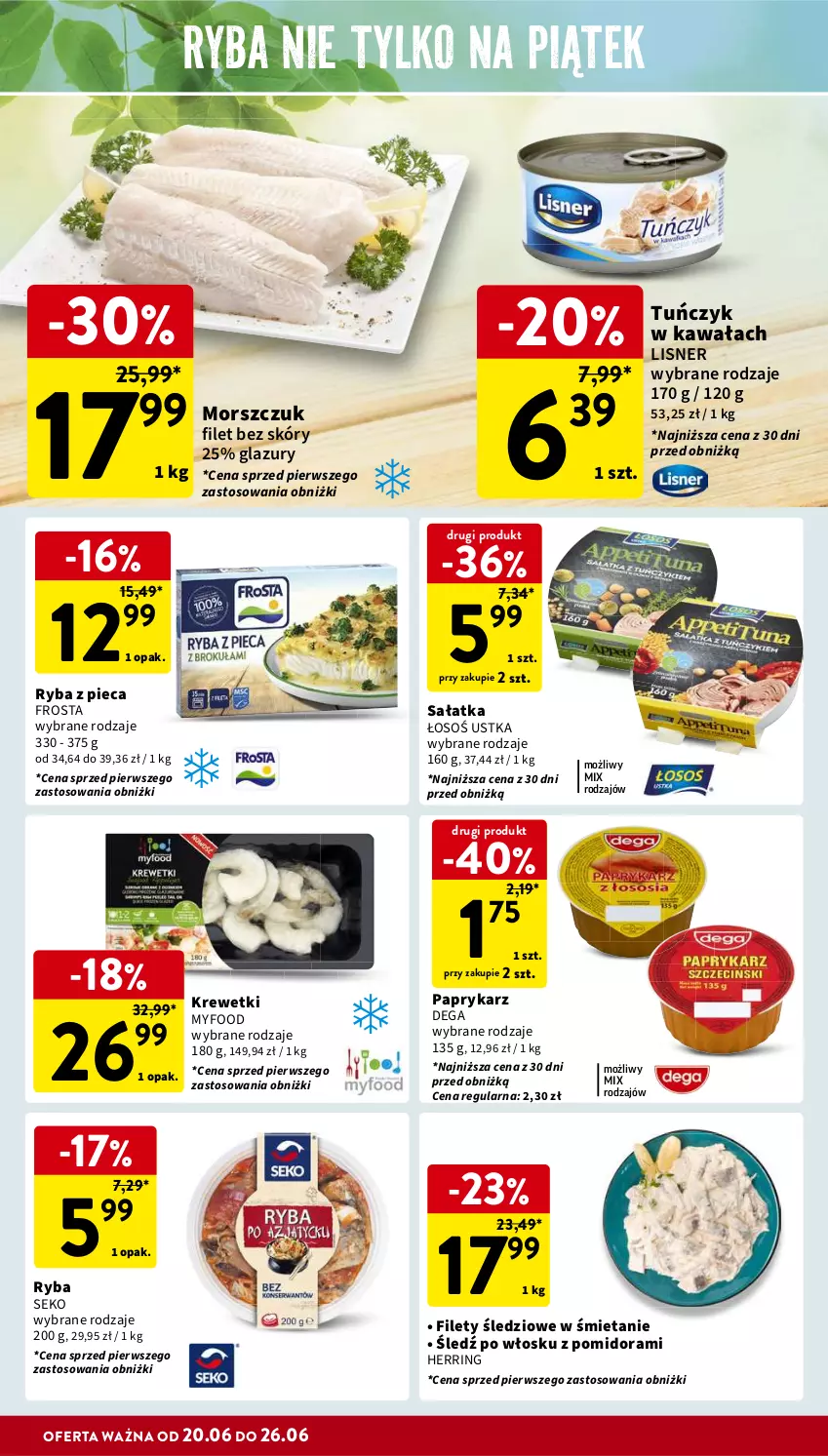 Gazetka promocyjna Intermarche - Gazetka Intermarche - ważna 20.06 do 26.06.2024 - strona 18 - produkty: Dega, Frosta, Kawa, Krewetki, Lazur, Lisner, Papryka, Paprykarz, Piec, Ryba, Sałat, Sałatka, SEKO, Tuńczyk