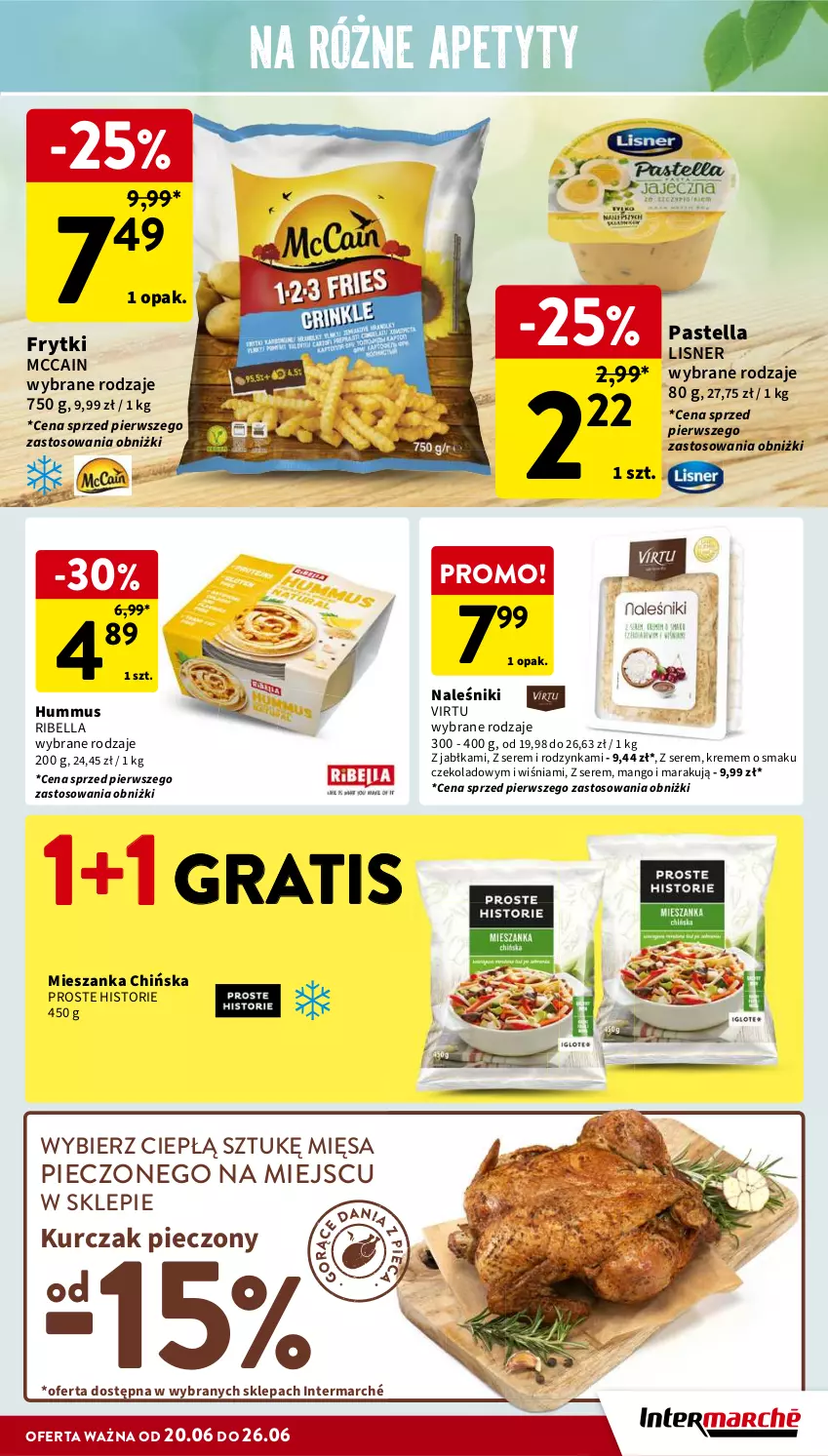 Gazetka promocyjna Intermarche - Gazetka Intermarche - ważna 20.06 do 26.06.2024 - strona 19 - produkty: Bell, Bella, Frytki, Gra, Hummus, Jabłka, Kurczak, Lisner, Mango, McCain, Mus, Naleśniki, Pastella, Piec, Ser, Virtu