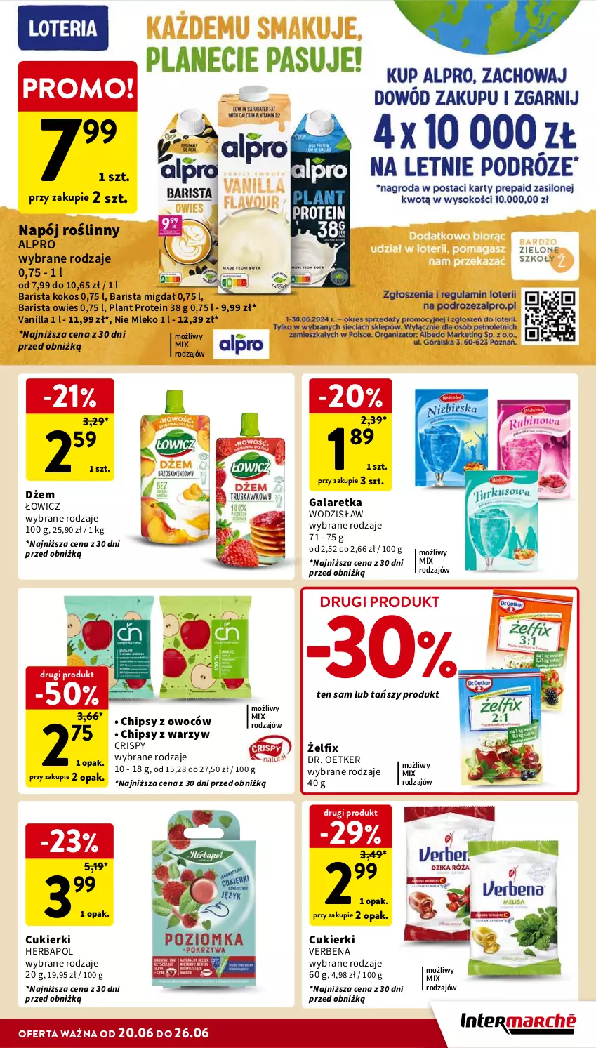 Gazetka promocyjna Intermarche - Gazetka Intermarche - ważna 20.06 do 26.06.2024 - strona 27 - produkty: Alpro, Chipsy, Cukier, Cukierki, Dr. Oetker, Dżem, Gala, Galaretka, Herbapol, Kokos, Mleko, Napój, Napój roślinny