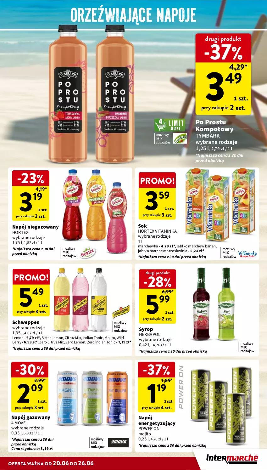 Gazetka promocyjna Intermarche - Gazetka Intermarche - ważna 20.06 do 26.06.2024 - strona 29 - produkty: Herbapol, Hortex, Inka, Marchewka, Napój, Napój gazowany, Napój niegazowany, Napoje, Schweppes, Sok, Syrop, Tymbark