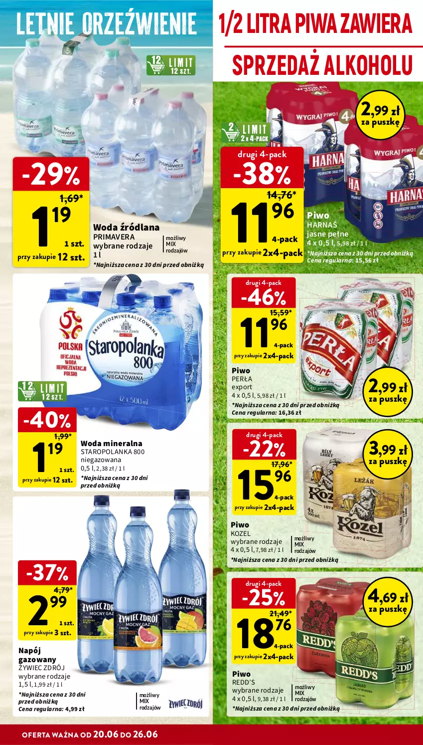 Gazetka promocyjna Intermarche - Gazetka Intermarche - ważna 20.06 do 26.06.2024 - strona 30 - produkty: Harnaś, Kozel, LANA, Napój, Napój gazowany, Perła, Piwa, Piwo, Por, Prima, Primavera, Staropolanka, Woda, Woda mineralna