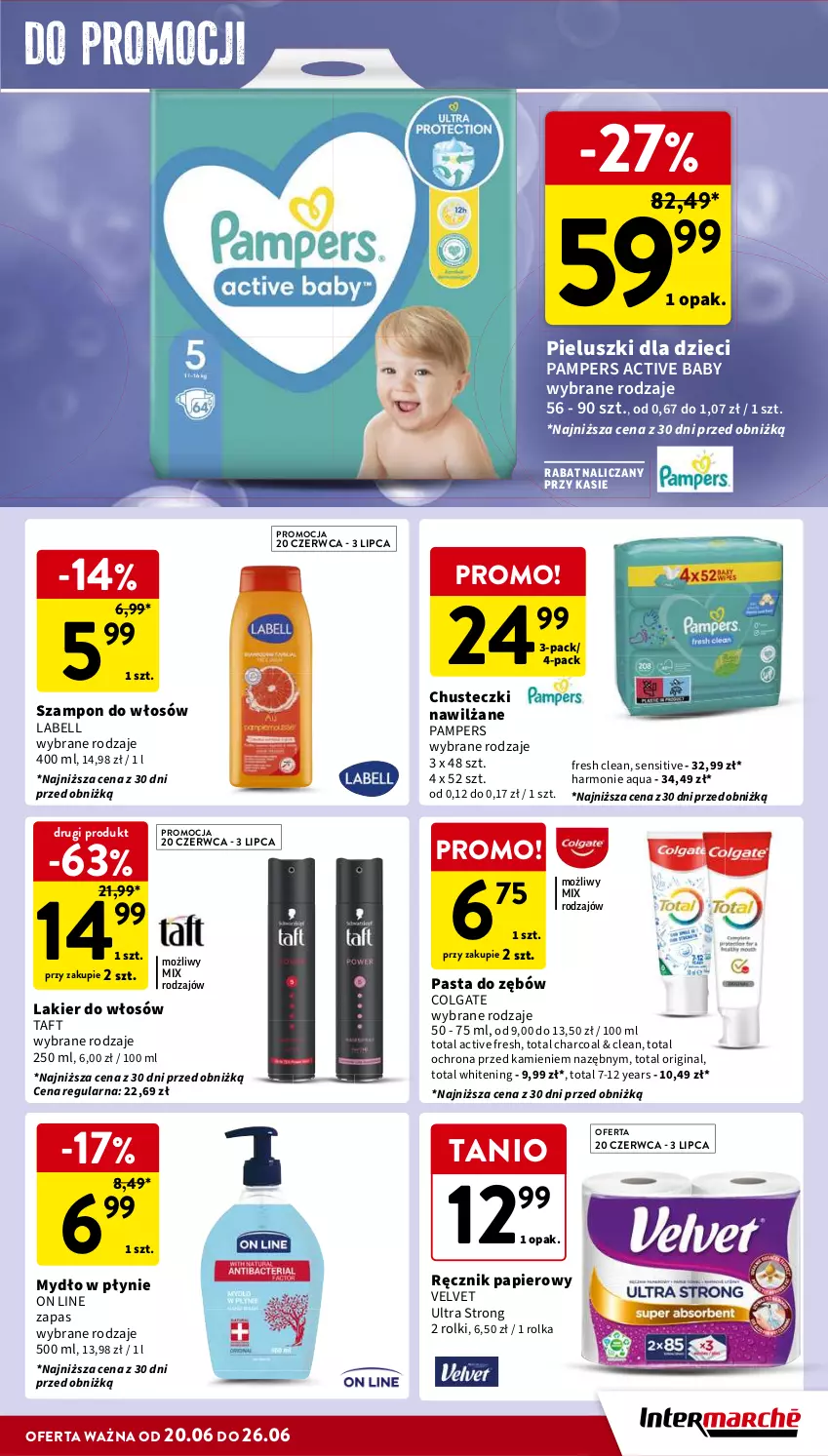 Gazetka promocyjna Intermarche - Gazetka Intermarche - ważna 20.06 do 26.06.2024 - strona 35 - produkty: Bell, Chusteczki, Colgate, Dzieci, Gin, Lakier, Lakier do włosów, LG, Mydło, Mydło w płynie, Pampers, Papier, Pasta do zębów, Ręcznik, Rolki, Szampon, Taft, Velvet