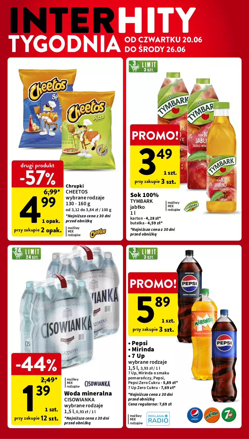 Gazetka promocyjna Intermarche - Gazetka Intermarche - ważna 20.06 do 26.06.2024 - strona 8 - produkty: Cheetos, Chrupki, Cisowianka, Mirinda, Pepsi, Sok, Tymbark, Woda, Woda mineralna