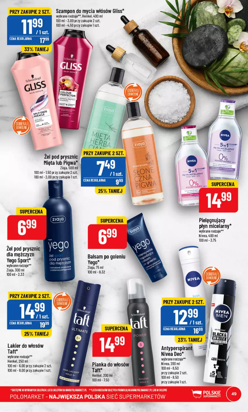 Gazetka promocyjna PoloMarket - Gazetka pomocyjna - ważna 17.05 do 23.05.2023 - strona 49 - produkty: Antyperspirant, Balsam po goleniu, Lakier, Lakier do włosów, Mięta, Nivea, Pianka do włosów, Płyn micelarny, Por, Sport, Szampon, Taft, Ziaja