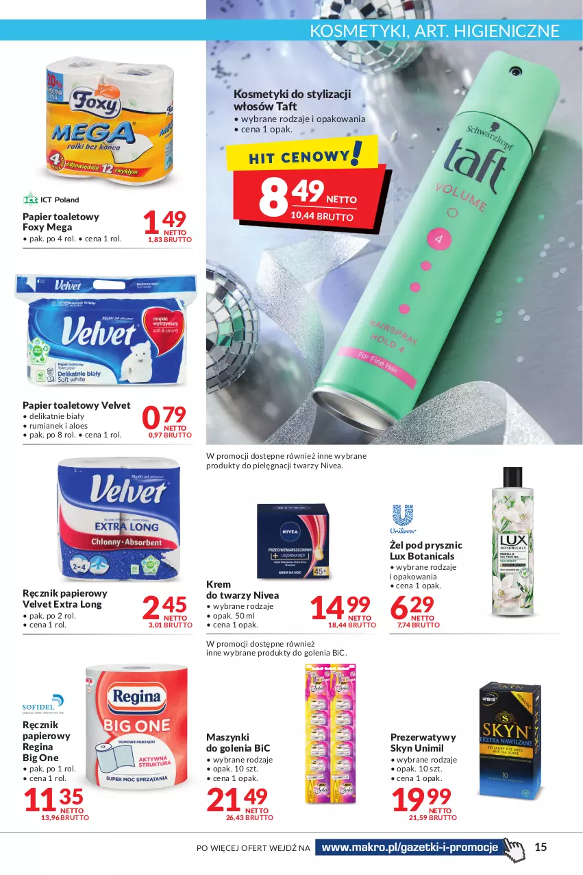 Gazetka promocyjna Makro - [Oferta promocyjna] Artykuły spożywcze i przemysłowe - ważna 27.12.2021 do 05.01.2022 - strona 15 - produkty: BIC, Foxy, Gin, Krem do twarzy, Nivea, Papier, Papier toaletowy, Prezerwatyw, Ręcznik, Rum, Skyn, Taft, Unimil, Velvet